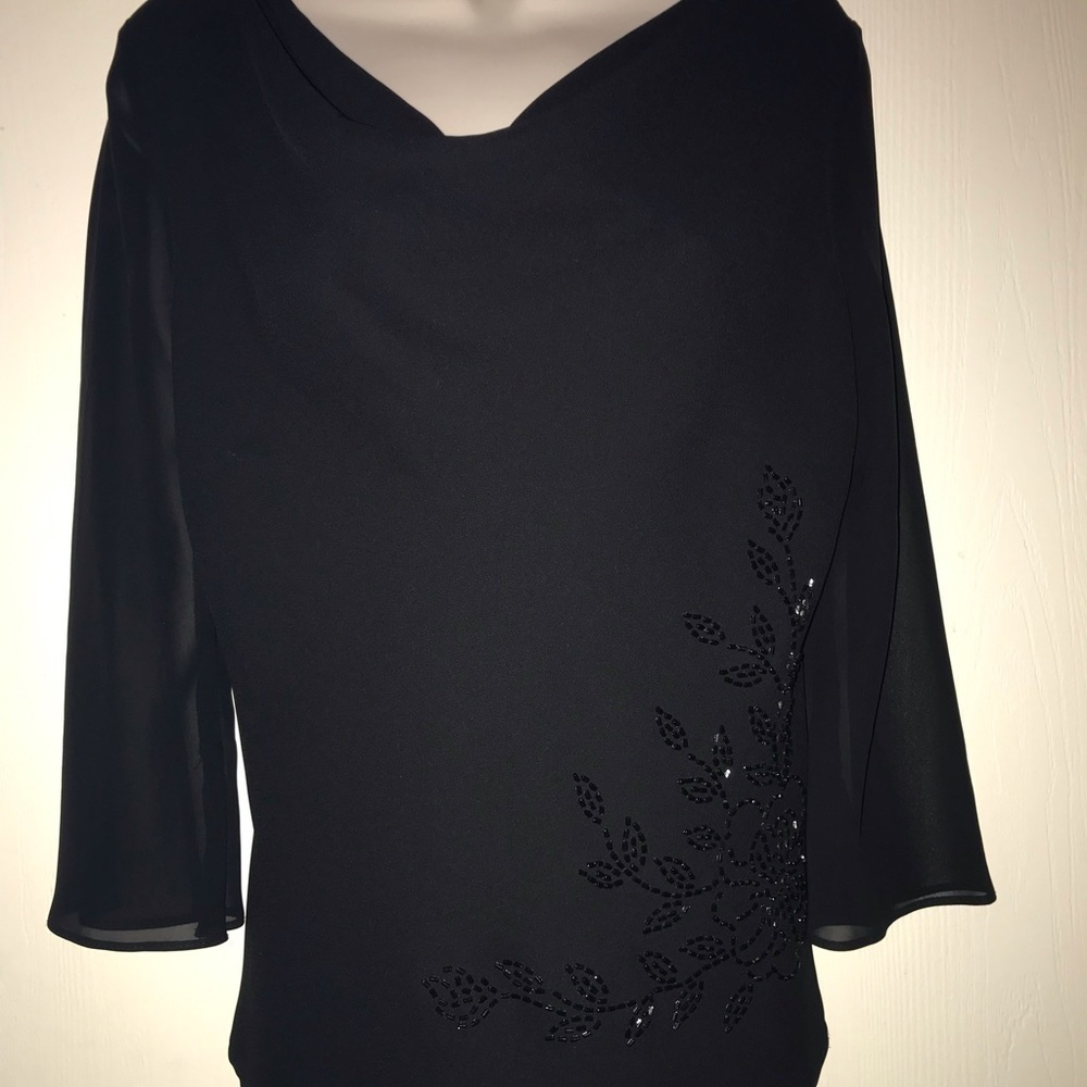 Vintage S.L. Fashions Fitted Blouse with Flower Beading and Sheer Sleeves Sz 10